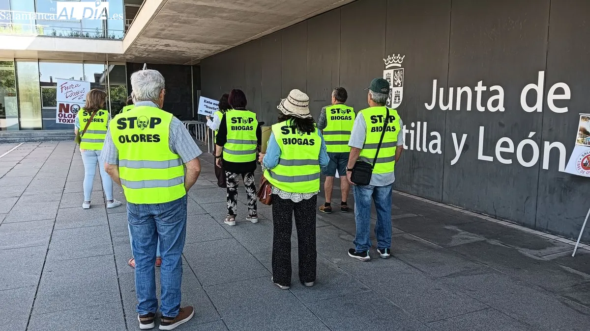 La plataforma Cuidamos Villamayor se manifiesta ante la Junta en Salamanca para exigir la dimisión de Eloy Ruiz por los malos olores y los planes de biogás | FOTOS: T.S