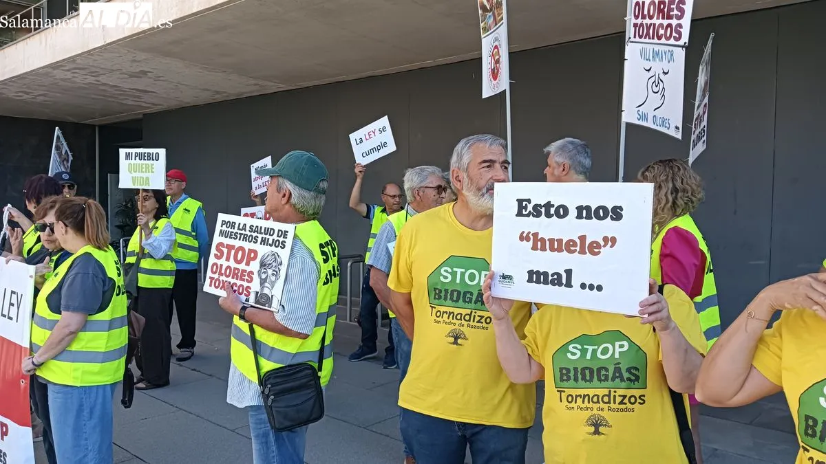 La plataforma Cuidamos Villamayor se manifiesta ante la Junta en Salamanca para exigir la dimisión de Eloy Ruiz por los malos olores y los planes de biogás | FOTOS: T.S