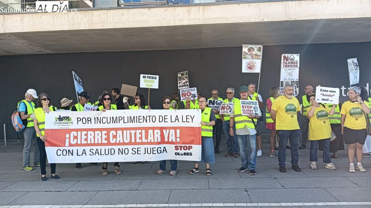 La plataforma Cuidamos Villamayor se manifiesta ante la Junta en Salamanca para exigir la dimisión de Eloy Ruiz por los malos olores y los planes de biogás | FOTOS: T.S