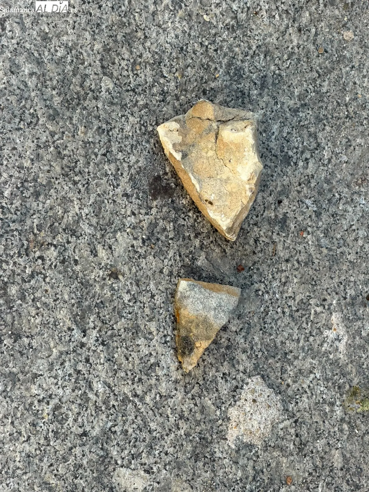 Piedra desprendida del edificio histórico de la UPSA  en la calle Cervantes. Foto V. M.