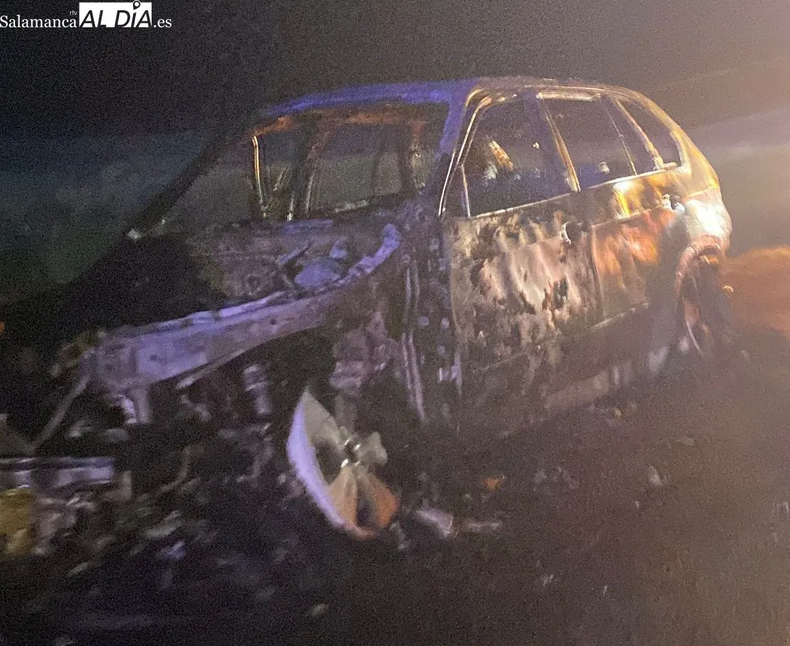 Turismo calcinado este lunes tras sufrir un incendio en la carretera DSA-621, entre Monterrubio de Armuña y La Mata de Armuña