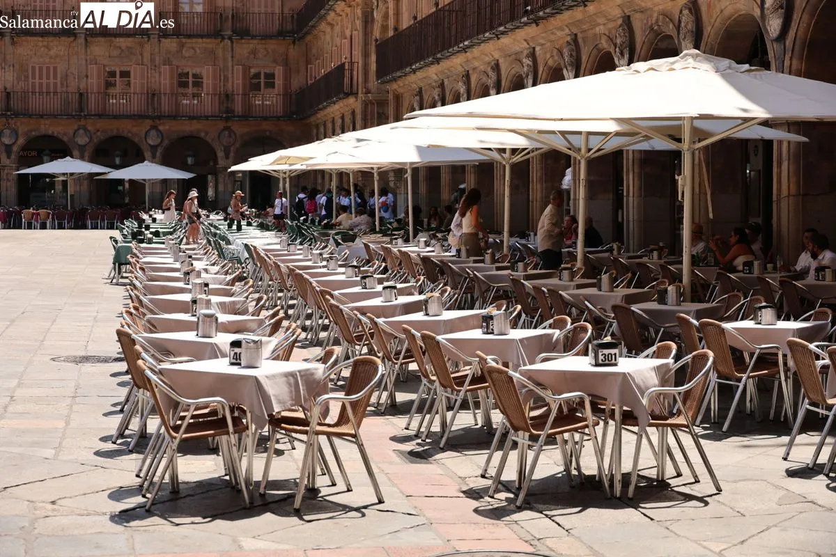 El calor vacía las calles de Salamanca pero el ambiente se deja ver en las terrazas | FOTOS: David Sañudo