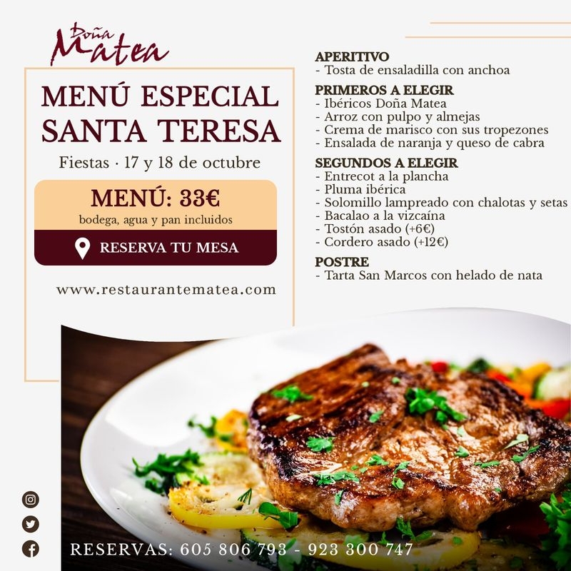 Doña Matea presenta su menú especial de Santa Teresa para los días 17 y 18 de octubre