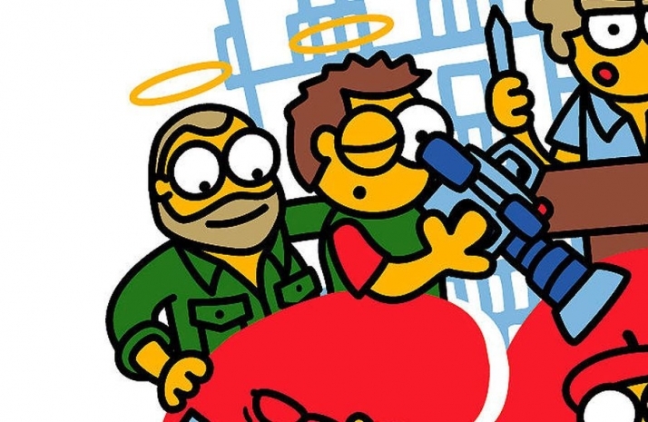 Fraile con la cámara y Beriain con su mano en el hombro de su amigo, en el dibujo para San Fermín de Kukuxumusu