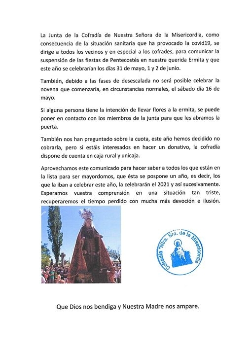 Suspenden las fiestas de la Virgen de la Misericordia