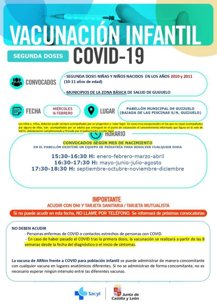 Segundas dosis en Guijuelo para ni&ntilde;os y ni&ntilde;as nacidos en 2010 y 2011 | Imagen 1