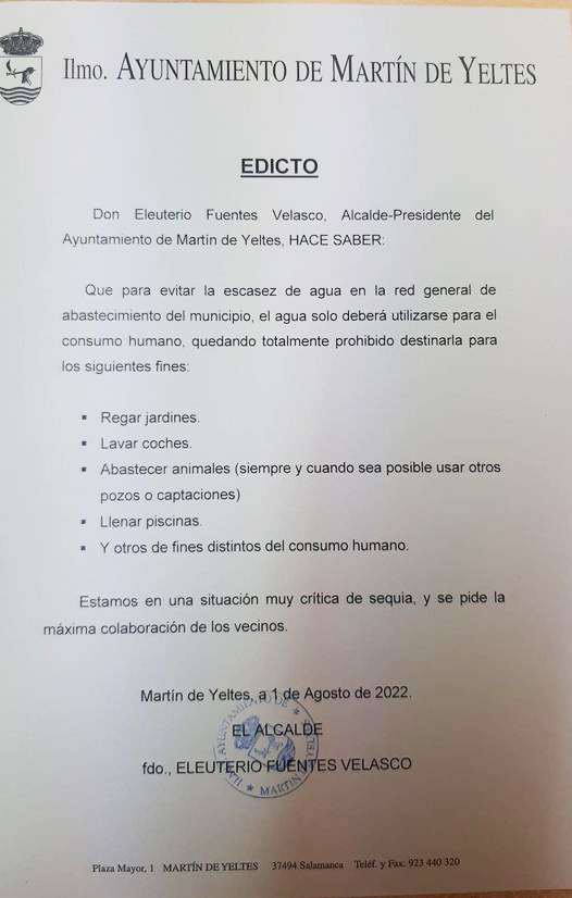 El Ayto. de Mart&iacute;n de Yeltes proh&iacute;be en un Edicto la utilizaci&oacute;n de agua que no sea para consumo humano | Imagen 1