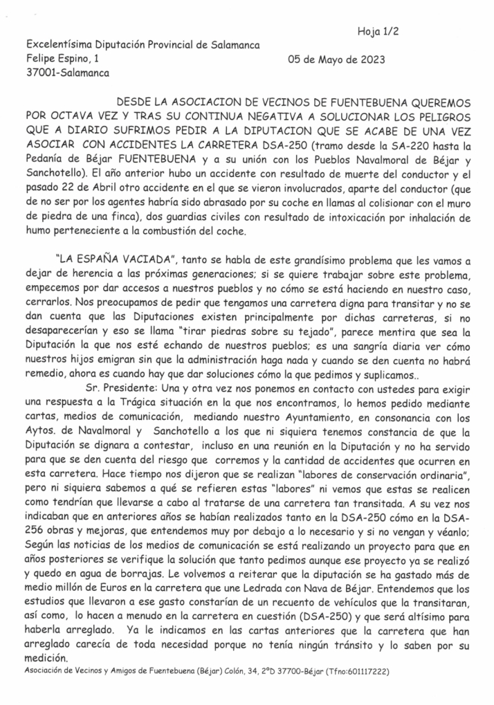 Los vecinos de Fuentebuena piden a la Diputaci&oacute;n una soluci&oacute;n a la carretera DSA-250 | Imagen 1