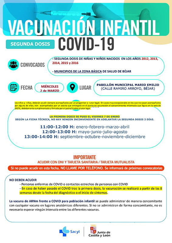 Turno de segundas dosis para la poblaci&oacute;n infantil en la Zona B&aacute;sica de Salud de B&eacute;jar | Imagen 1