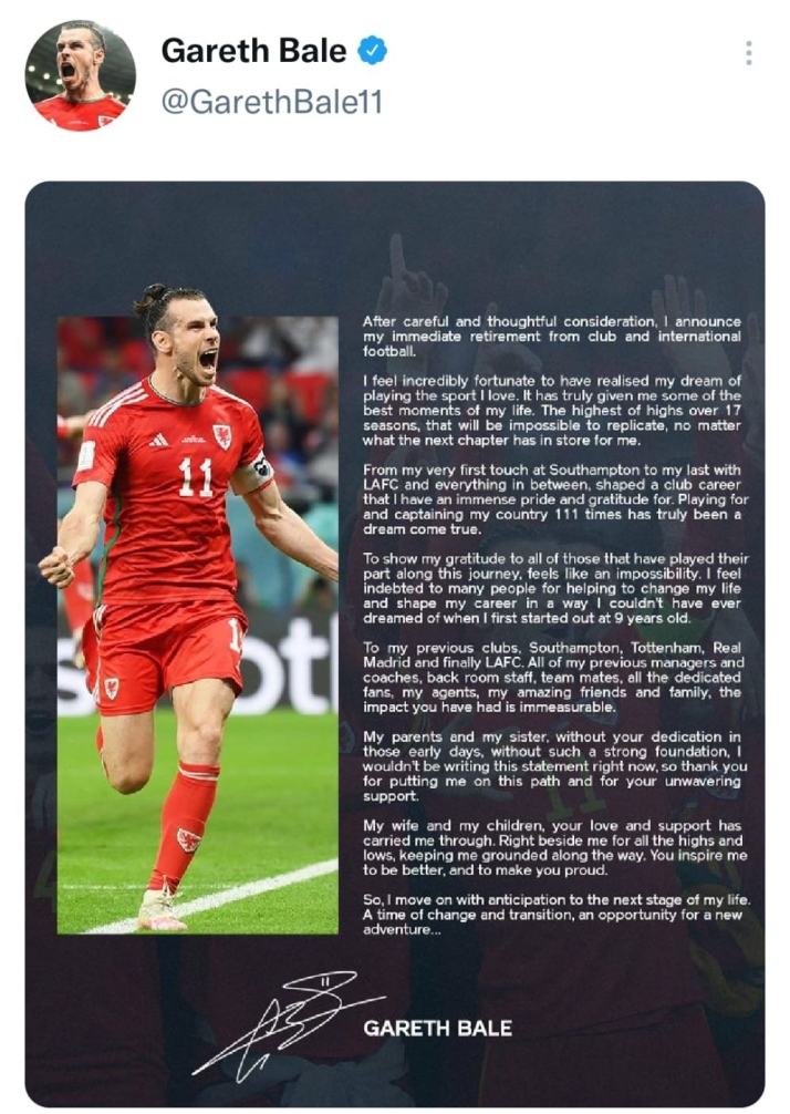 Gareth Bale anuncia por sorpresa su retirada inmediata del f&uacute;tbol profesional | Imagen 1