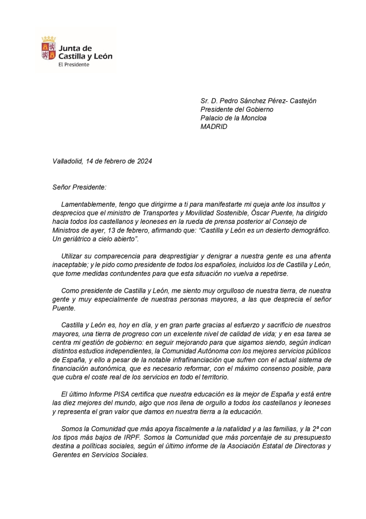 Ma&ntilde;ueco env&iacute;a una queja formal al presidente del Gobierno por los "insultos y desprecios" de &Oacute;scar Puente a Castilla y Le&oacute;n | Imagen 1