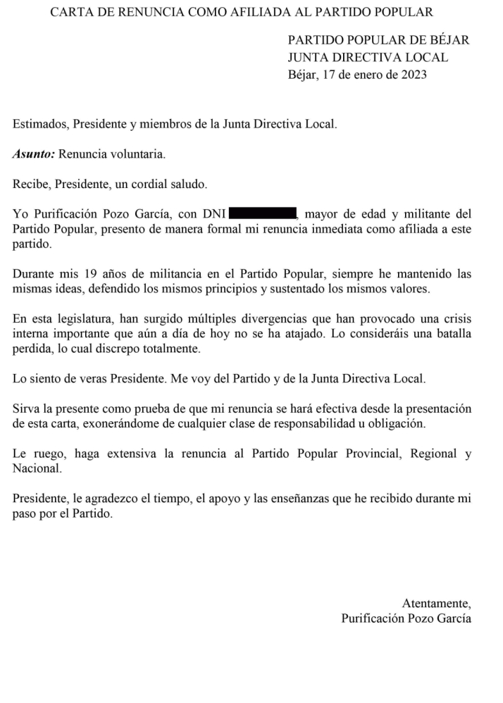 Purificaci&oacute;n Pozo renuncia como afiliada del PP de B&eacute;jar | Imagen 1