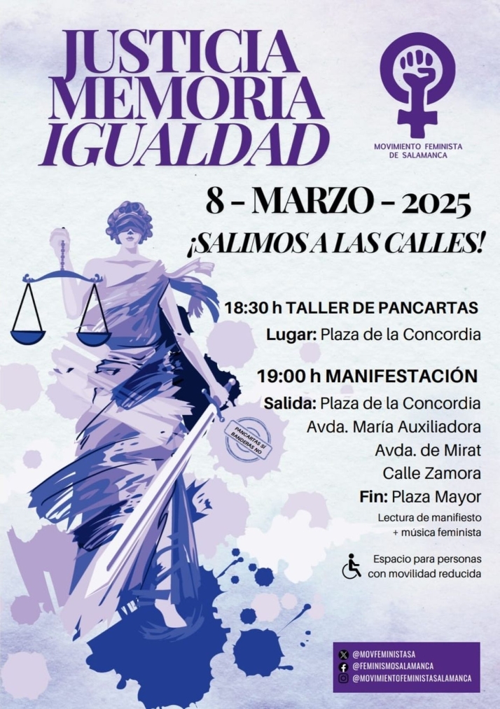 'Justicia, Memoria, Igualdad': horario y recorrido de la manifestaci&oacute;n del 8M en Salamanca | Imagen 1