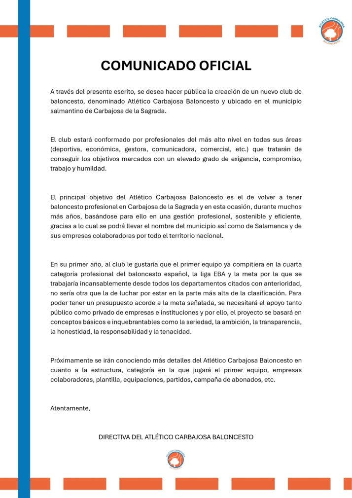 Nace el Atl&eacute;tico Carbajosa con la intenci&oacute;n de tener "baloncesto profesional" en la localidad salmantina | Imagen 1