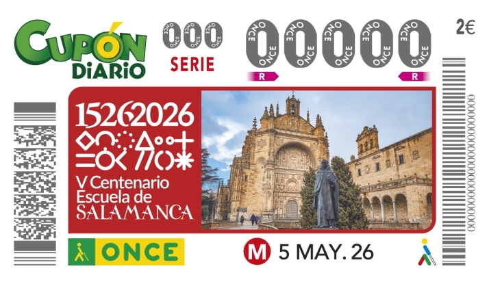 El V Centenario de la Escuela de Salamanca protagoniza el cup&oacute;n de la ONCE del 5 de mayo | Imagen 1