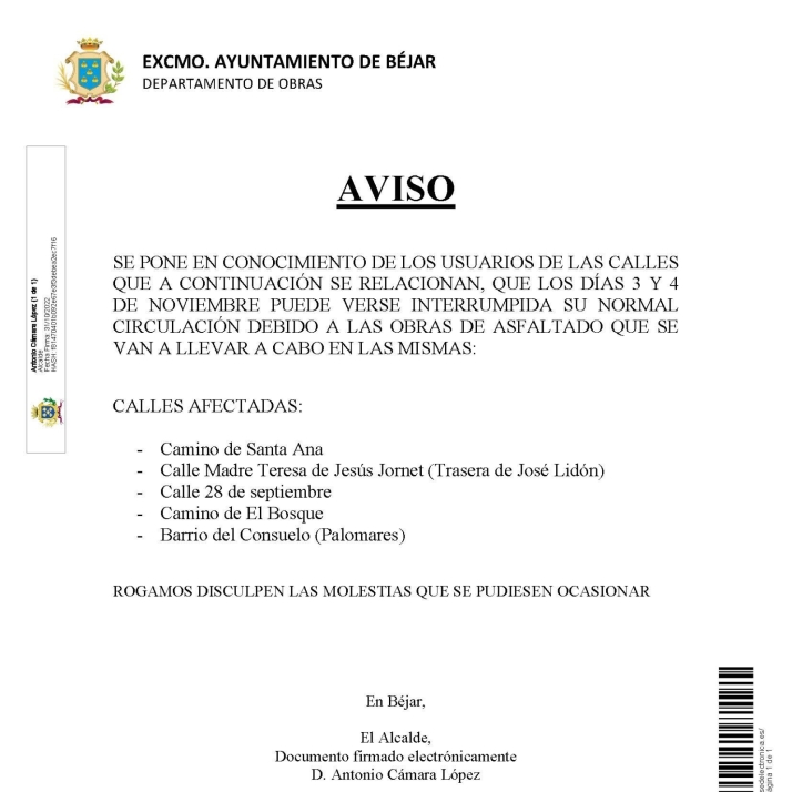 Aviso de cortes de calles en B&eacute;jar | Imagen 1