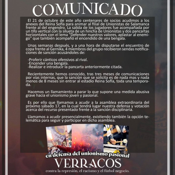 Solicitan ocho meses sin entrar al Reina Sof&iacute;a a varios aficionados de Unionistas por el tifo y las bengalas usadas en el derbi de filiales | Imagen 1