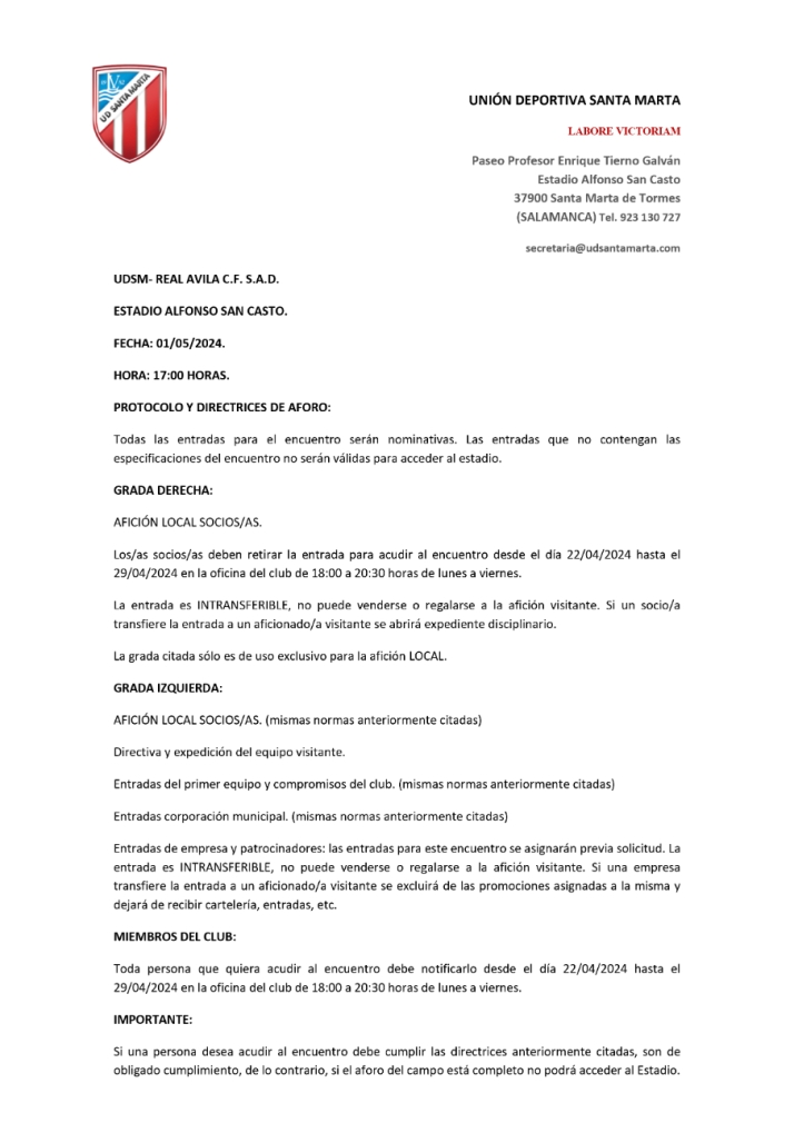 El Santa Marta pone una serie de normas para evitar que las entradas de su afici&oacute;n sirvan para aprovecharse de la del &Aacute;vila  | Imagen 1