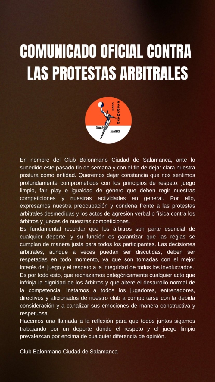 El BM Salamanca alza la voz: "Expresamos nuestra preocupaci&oacute;n y condena ante frente a las protestas arbitrales desmedidas" | Imagen 1