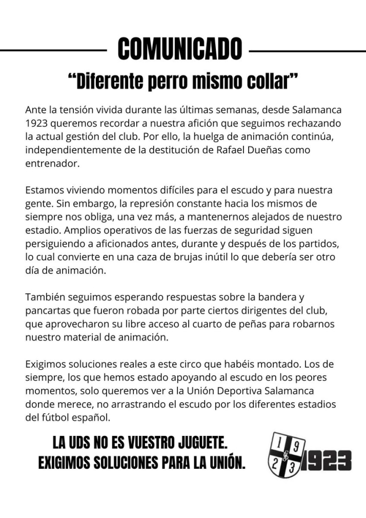La huelga de animaci&oacute;n de la afici&oacute;n del Salamanca UDS sigue sin Due&ntilde;as de entrenador: "Diferente perro, mismo collar" | Imagen 1