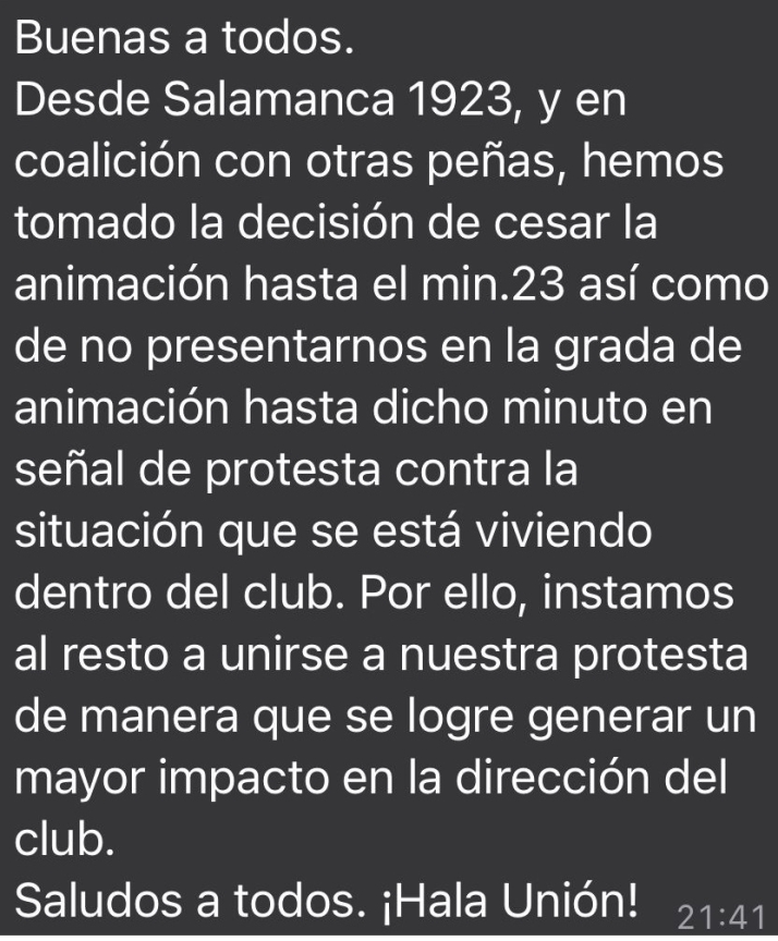 Cisma en el Salamanca UDS: parte de las pe&ntilde;as abogan por no entrar al Helm&aacute;ntico y cesar la animaci&oacute;n hasta el minuto 23 en se&ntilde;al de protesta | Imagen 1