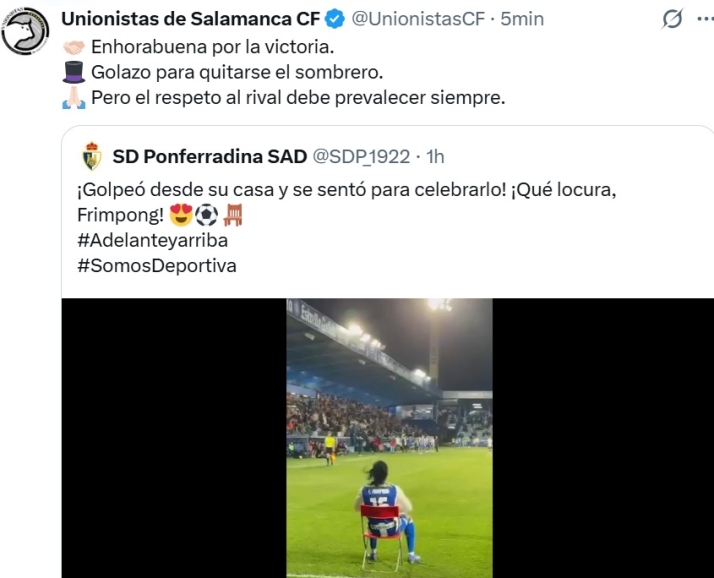 Pique de Unionistas con la Ponferradina y la celebraci&oacute;n de la silla de Frimpong: "El respeto al rival debe prevalecer siempre" | Imagen 1