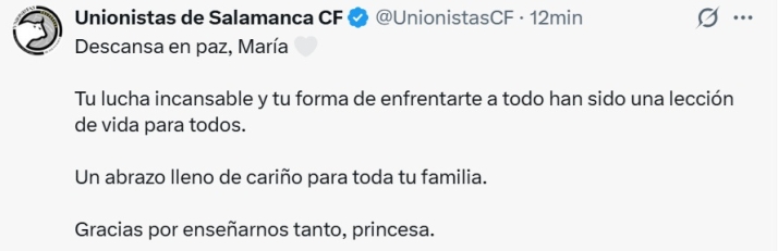 El mundo del deporte de Salamanca brinda todo su cari&ntilde;o a M4R&Iacute;A en su adi&oacute;s: Unionistas, el Salamanca UDS, el Perfumer&iacute;as Avenida... | Imagen 1