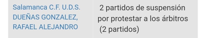 Dos partidos de sanci&oacute;n para Rafa Due&ntilde;as en el Salamanca UDS por su expulsi&oacute;n contra el Real &Aacute;vila al "protestar al &aacute;rbitro" | Imagen 1