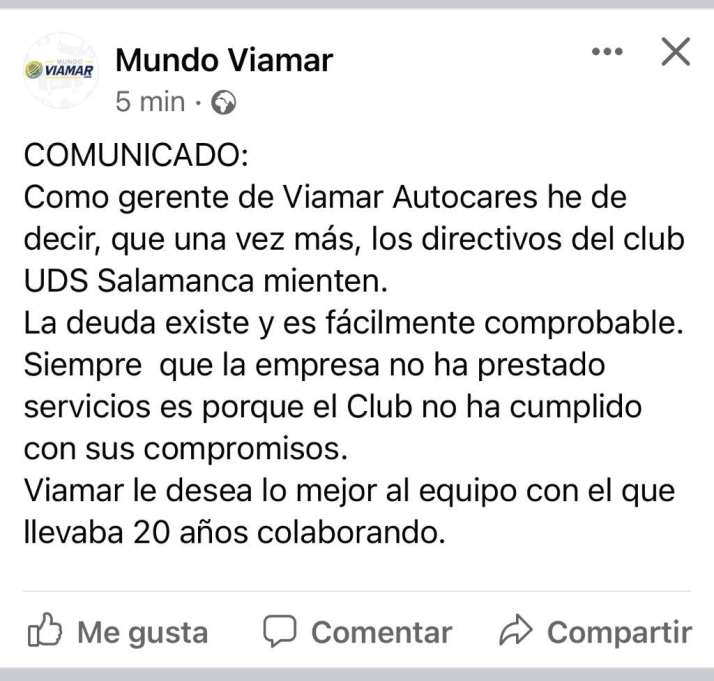 Viamar acusa al Salamanca UDS de "impagos" y que los directivos "mienten"; el club rompe relaciones y niega que le deba dinero | Imagen 2