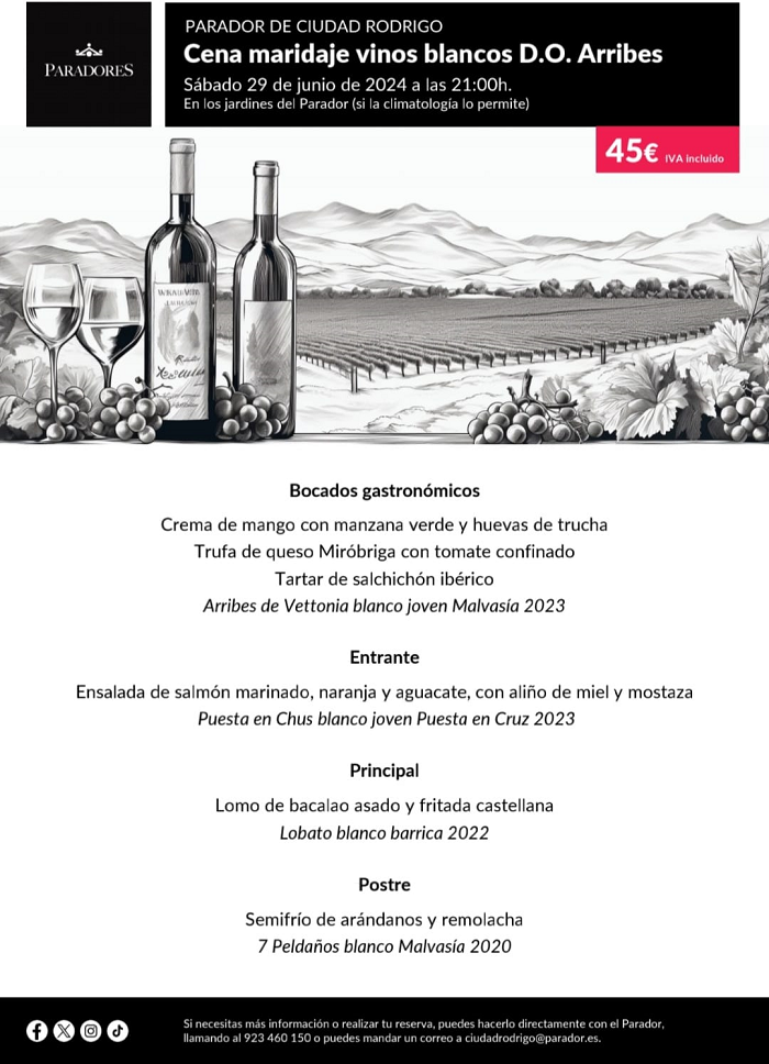 El Parador tendr&aacute; el s&aacute;bado 29 una cena de maridaje con la D.O. Arribes | Imagen 1