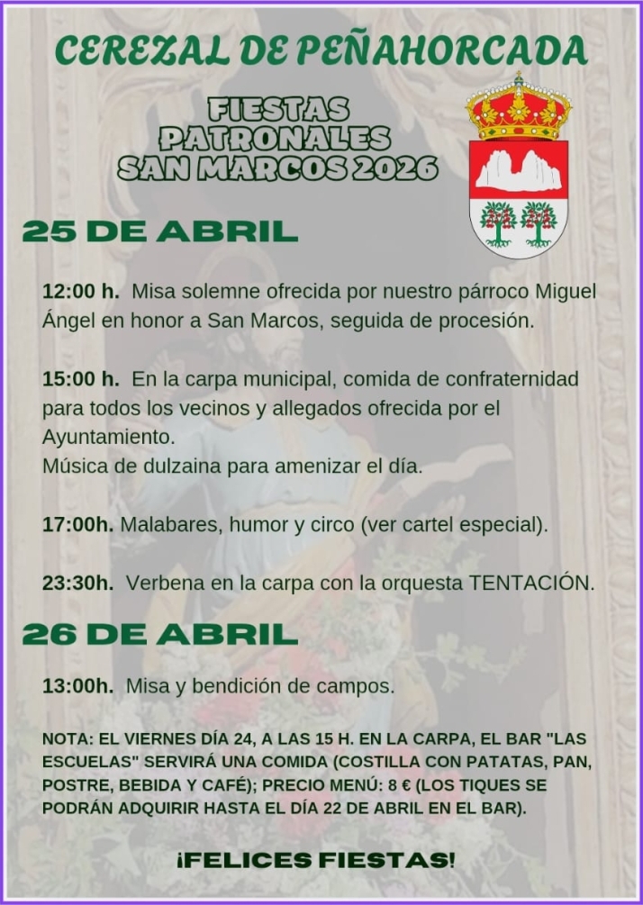 Cerezal de Pe&ntilde;ahorcada honrar&aacute; a San Marcos con tres d&iacute;as de fiestas y tradiciones | Imagen 1