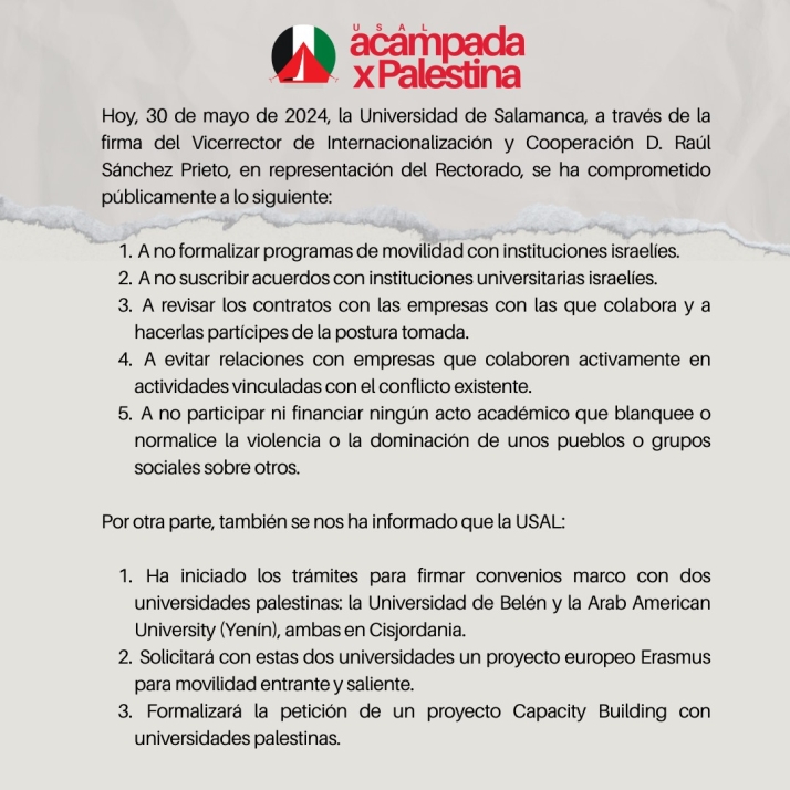 Desconvocada la acampada universitaria en apoyo a Palestina tras llegar a un acuerdo con la USAL: "Para nosotros es una victoria" | Imagen 1