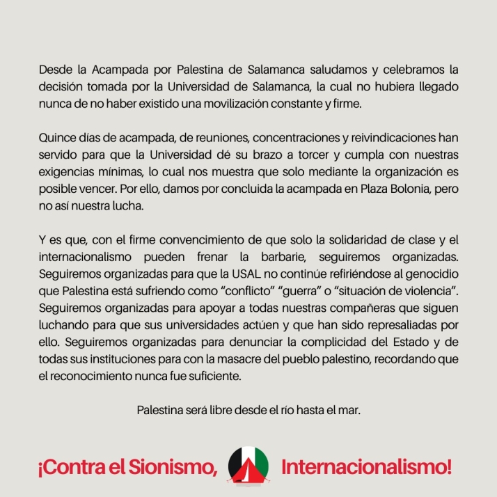 Desconvocada la acampada universitaria en apoyo a Palestina tras llegar a un acuerdo con la USAL: "Para nosotros es una victoria" | Imagen 2