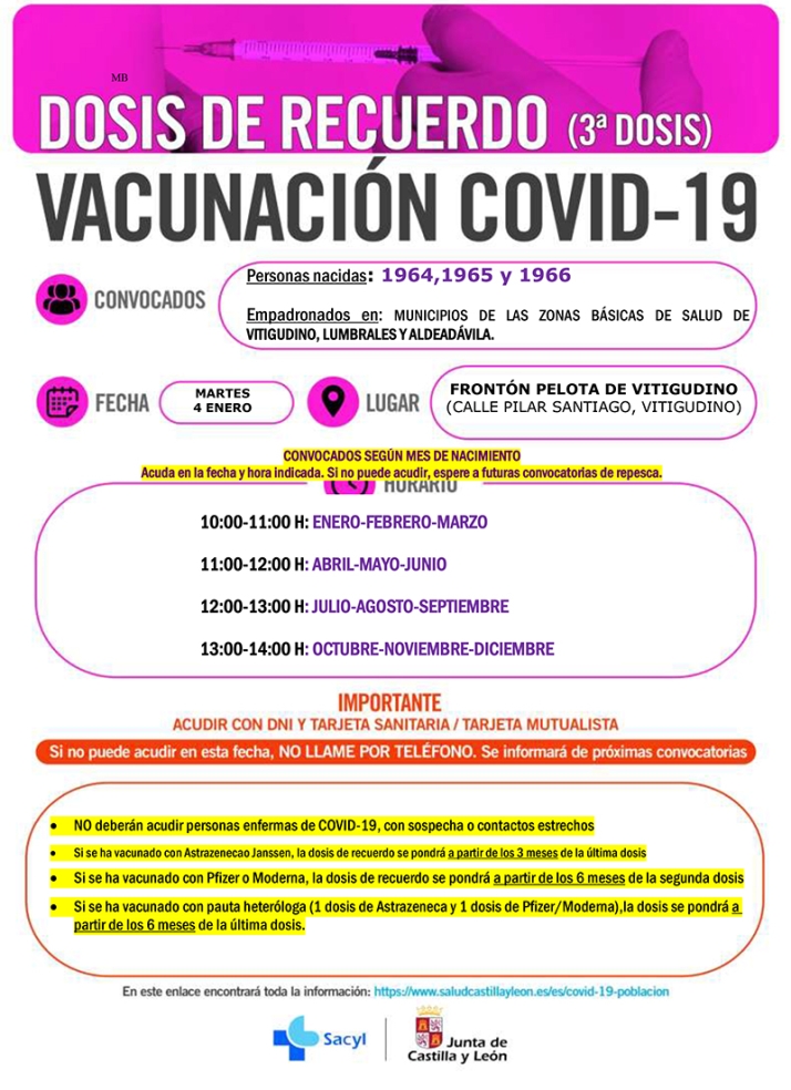 El martes 4 de enero en Vitigudino, dosis de refuerzo para los nacidos entre 1964 y 1966 | Imagen 1