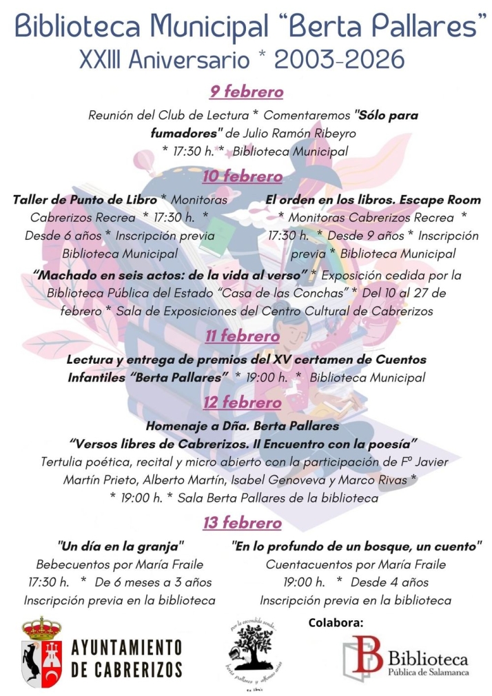 Cabrerizos celebra el XXIII aniversario de la Biblioteca 'Berta Pallares' con una completa semana cultural | Imagen 1