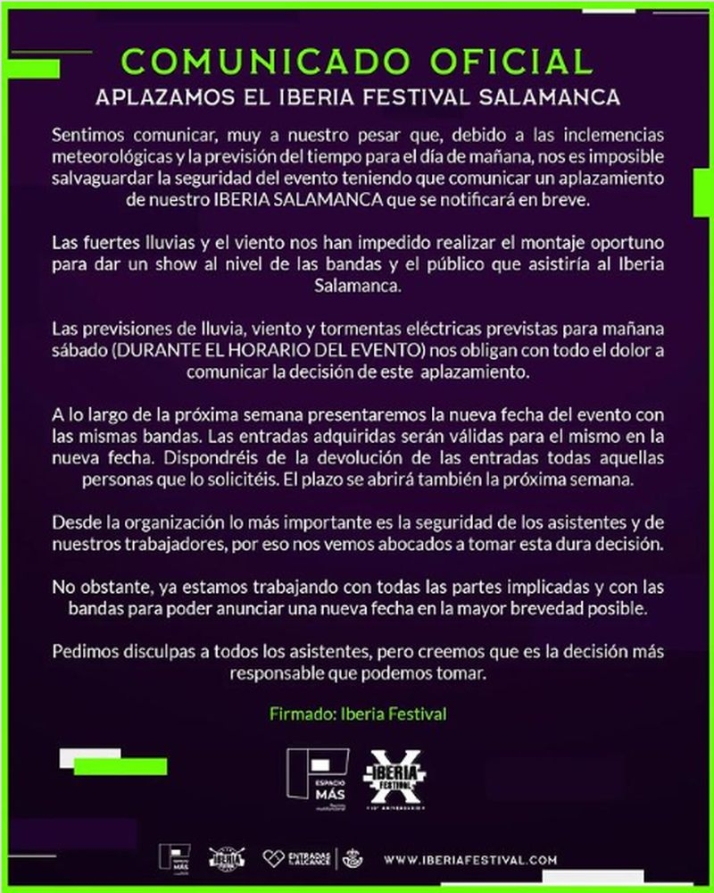 Aplazado el Iberia Festival de este s&aacute;bado en Salamanca | Imagen 1