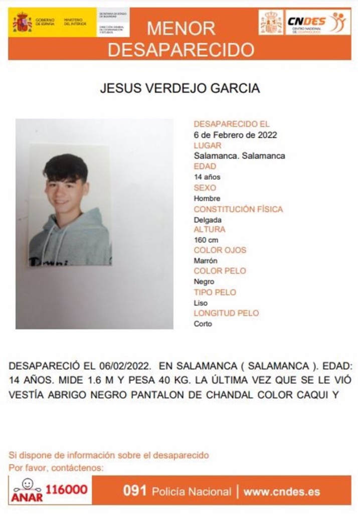 Buscan al joven salmantino de 14 a&ntilde;os Jes&uacute;s Verdejo Garc&iacute;a | Imagen 1