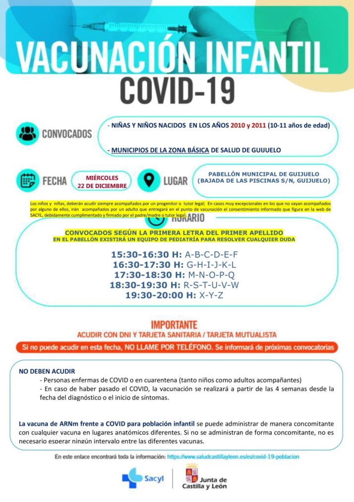 Convocatoria de vacunaci&oacute;n para ni&ntilde;os en Guijuelo mi&eacute;rcoles 22 de diciembre