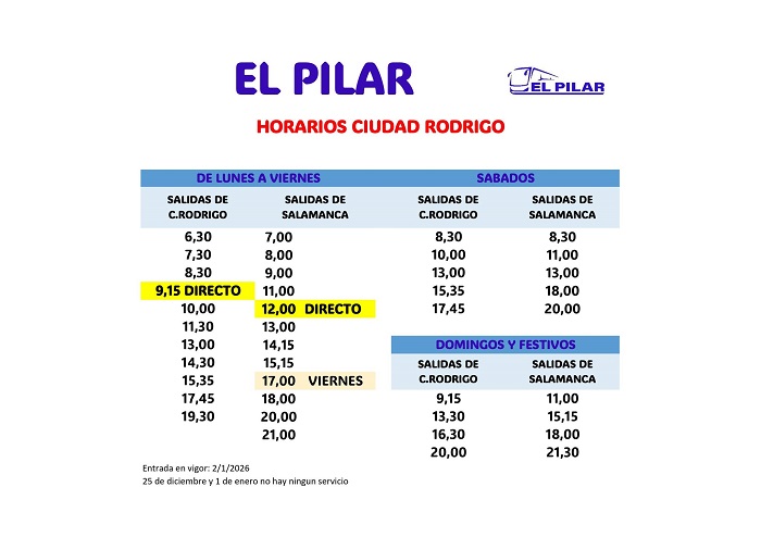 El Pilar refuerza la conexi&oacute;n con Ciudad Rodrigo con dos nuevos autobuses directos en d&iacute;as laborables | Imagen 1
