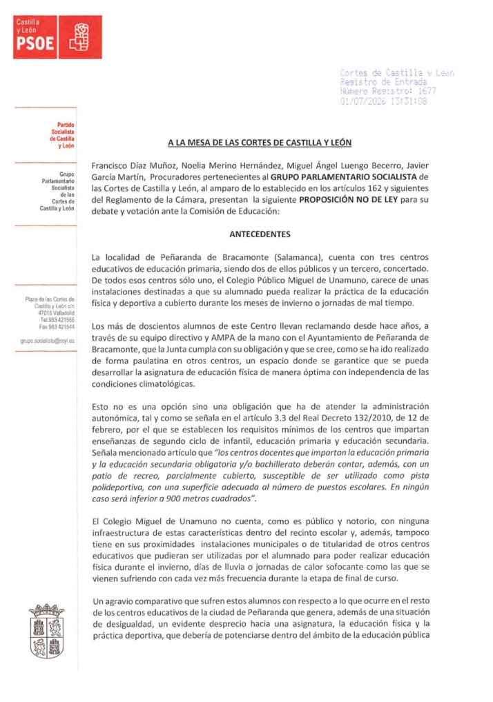 El necesario pabellón del Miguel de Unamuno vuelve a las Cortes: el PSOE reclama a la Junta que cumpla el compromiso | Imagen 1