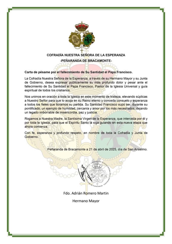 Las cofrad&iacute;as de Pe&ntilde;aranda emiten comunicados oficiales tras el fallecimiento del Papa Francisco | Imagen 4
