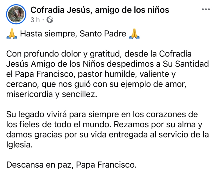 Las cofrad&iacute;as de Pe&ntilde;aranda emiten comunicados oficiales tras el fallecimiento del Papa Francisco | Imagen 1