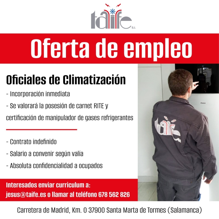 Oferta de empleo en Salamanca: contrato indefinido e incorporaci&oacute;n inmediata para oficiales de climatizaci&oacute;n | Imagen 1