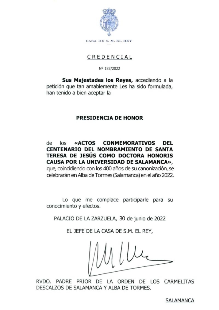 Los Reyes aceptan la presidencia de honor del IV Centenario de la canonizaci&oacute;n de Santa Teresa | Imagen 1