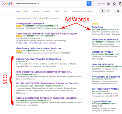 AdWords: Ejemplo de b&uacute;squeda con anuncios, diferencias SEM y SEO