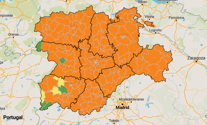 Cuatro de las &uacute;nicas 8 zonas de Castilla y Le&oacute;n que no est&aacute;n en naranja son de la comarca