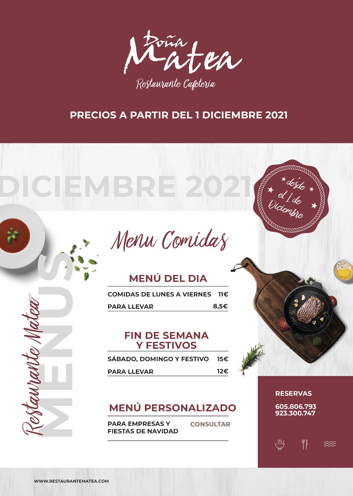 Menús del Restaurante Doña Matea para este mes de diciembre